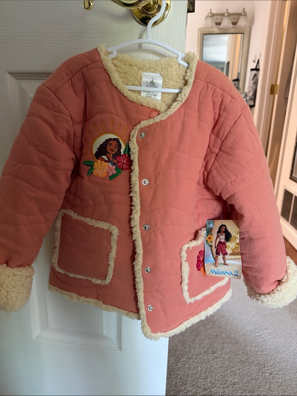 Disney Girls' Coral Sherpa-Lined Quilted Jacket with Moana Patch